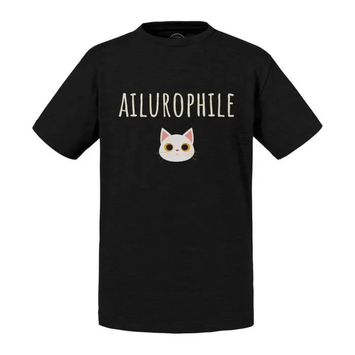 T-shirt Enfant Noir Ailurophile Passion Chat Amour Chaton Dessin-0