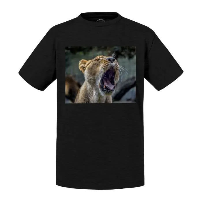 T-shirt Enfant Noir Baillement De Lionne Animaux Afrique Lion-0