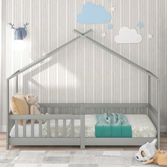 Lit cabane pour enfant - LIBERTÉ - Gris - Bois massif - sommier à lattes-0