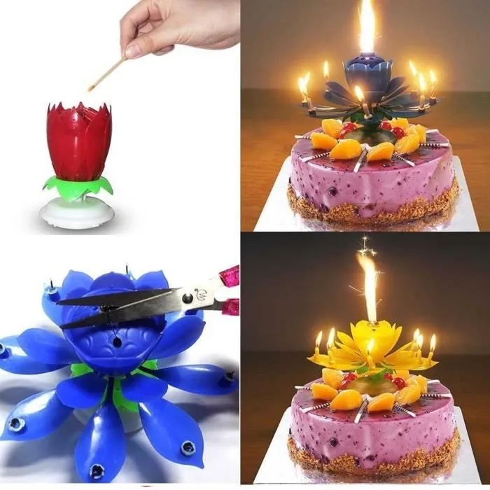 Magique Bougie à musique forme Lotus Fleur rotatif Joyeux anniversaire Non-toxique Fête jetable bleu - XY FR-1