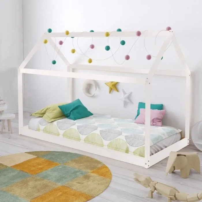 Lit cabane PANDA 90x190 + 1 sommier + matelas IRIS / Blanc 195x134x97-0