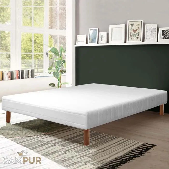 Sommier Confort 140x190 by Sampur | Résistant et Confortable - Cadre et Lattes Larges Bois - Pieds Inclus - Indépendance de Couchage-0