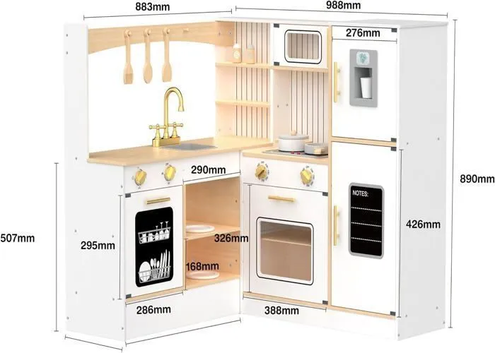 Cuisine Enfant +3ans Bois Mamabrum - Interactive, Cuisine Angle, Dinette, Lave-linge, Four, Lave-vaisselle, Hotte, Plaque, Blanche-4