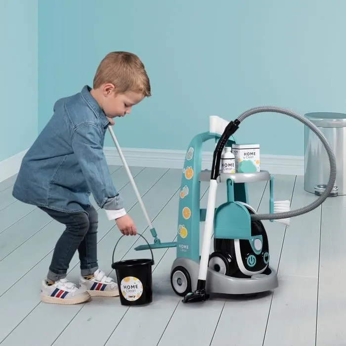 SMOBY - Chariot de ménage + aspirateur électronique avec bruit d'aspiration - 9 Accessoires - Piles Incluses - dès 3 ans-2