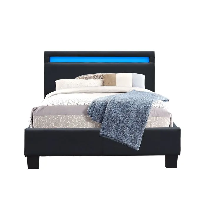 angel - Solide et Confortable Lit 90x200 avec Sommier Tte de Lit avec Eclairage LED Couleur NOIR Pieds en 10 c-1