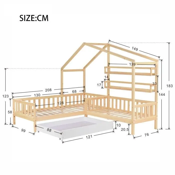Lit cabane enfant - Bois massif - 90x200cm et 140x70cm - Avec barrière de protection et rangement - Naturel-3