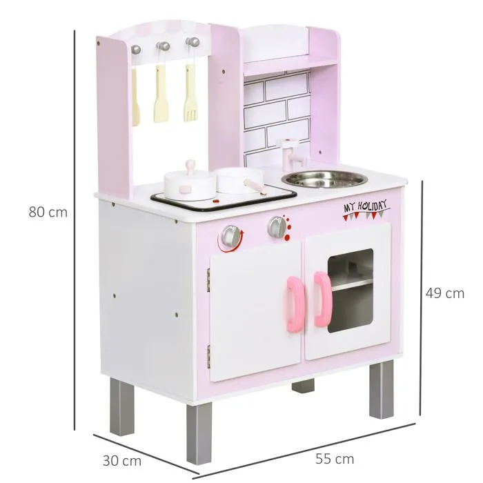 Cuisine bois jeu d'imitation - cuisine rose enfant - nombreux accessoires & rangements inclus - fonction sonore - MDF pin rose-3