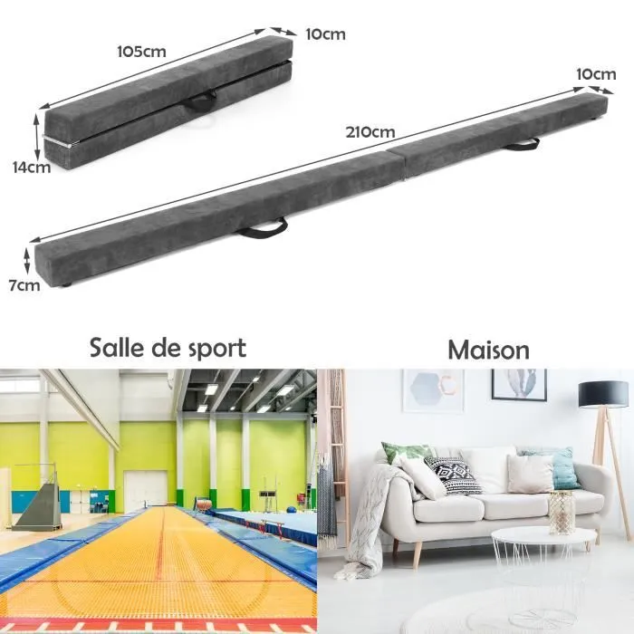 COSTWAY Poutre de Gymnastique Pliable 210cm pour Enfants avec Poignées de Transport 4 Patins Antidérapants Couverture en Daim Gris-3