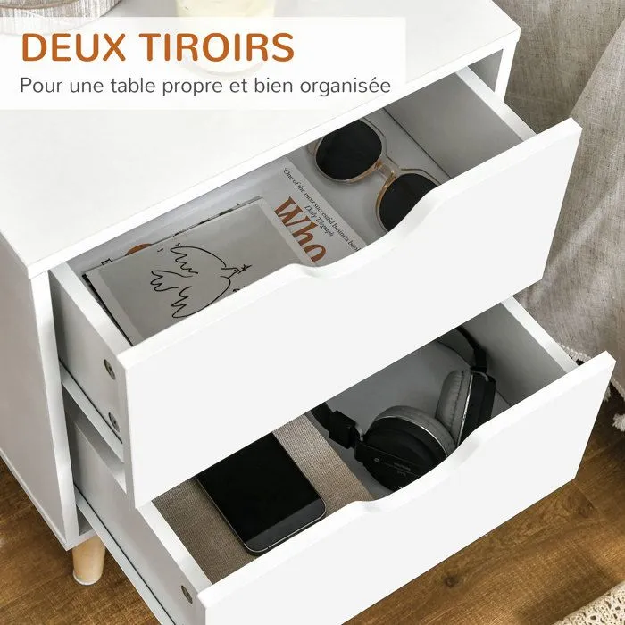 HOMCOM Table de Chevet: Style Scandinave, 2 Tiroirs, Blanc et Bois, 40x35x50,5 cm-3