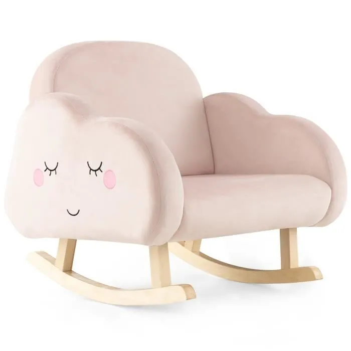 COSTWAY Fauteuil à Bascule pour Enfants, Canapé Chaise avec Cadre en Bois Massif , Tissu Velours Rose-0