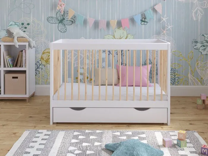 Lit Bebe Evolutif avec tiroir en Bois Pin Blanc 120x60cm, Transformable en Un Canapé-lit avec Une Barrière de Sécurité-2