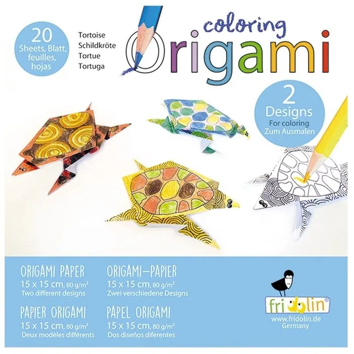 Kit Origami - Fridolin - Tortue - 20 Feuilles - 15x15 cm - Pour Enfants à Colorier-0