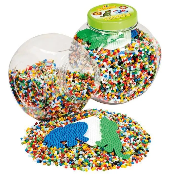 HAMA - Pot vert de 15000 perles à repasser taille MIDI et 3 plaques (Eléphant, Dinosaure et Hexagonale) - Loisirs créatifs-1