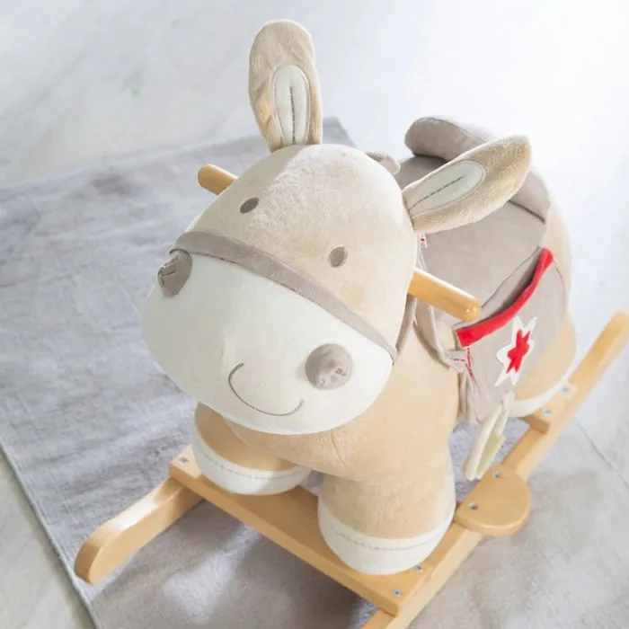ROBA - Âne à Bascule en Bois et Peluche avec Étriers Selle et Bride - Marron / Motif Rouge-5