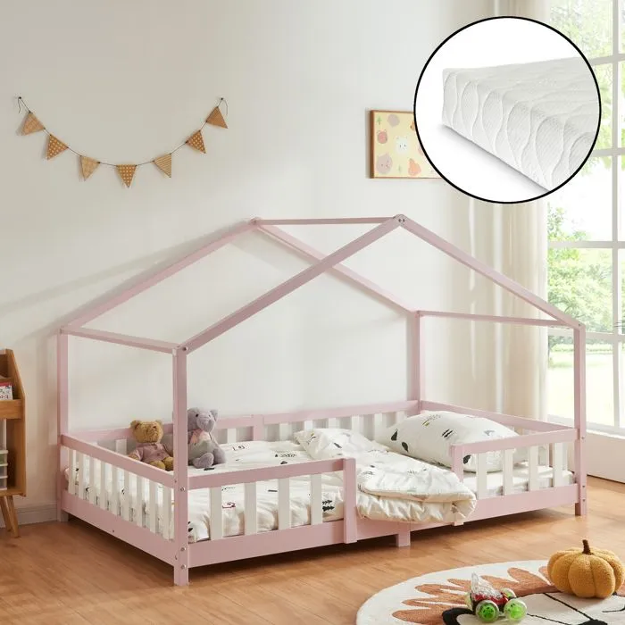 Lit d'enfant Treviolo Forme Maison avec Matelas à Mousse à Froid 200 x 140 cm Rose-0