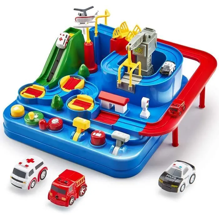 Piste de Voiture Jouet Enfant 2-12 ans, City Rescue Car Piste Aventure de Voiture Jouet avec Hélicoptère, Bus-0