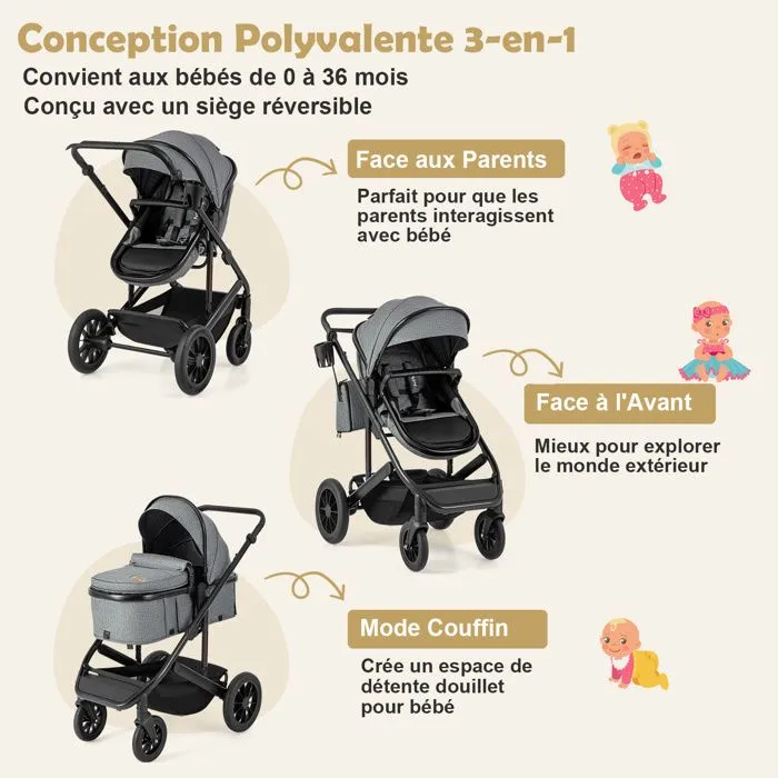 COSTWAY Poussette Canne Pliable Bébé avec le Détachable, Canopée Réglable, Panier de Rangement et Porte-gobelet, 0-36 mois Gris-4