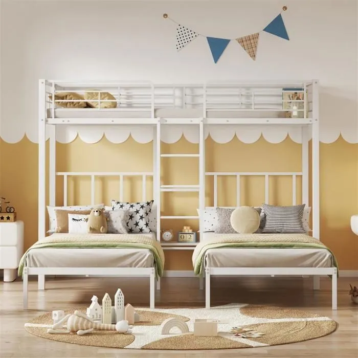 Lit superposé triple - Blanc - 90x200cm - Métal - 3 places - Échelle incluse-1