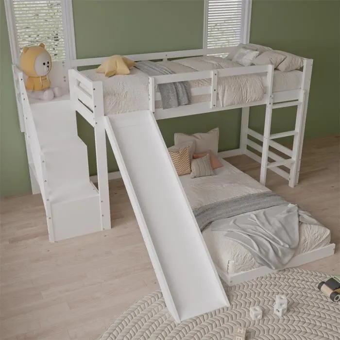 Lit superposé - Enfant - 90x200cm - Blanc - Échelle et toboggan - Bois massif-0