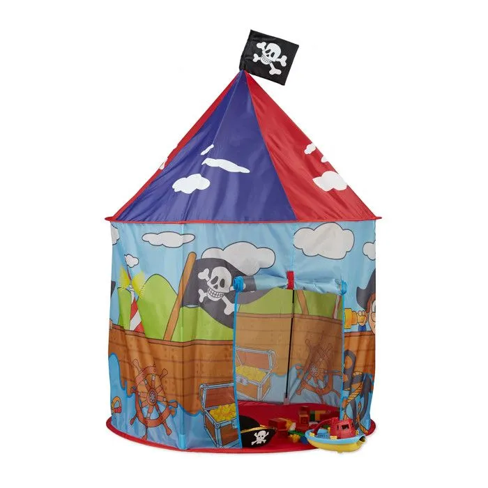 Relaxdays Tente enfant garçon fille tente de jeu Pirate drapeau extérieur pop-up 3 ans H x D 130 x 100 cm, rouge bleu-2