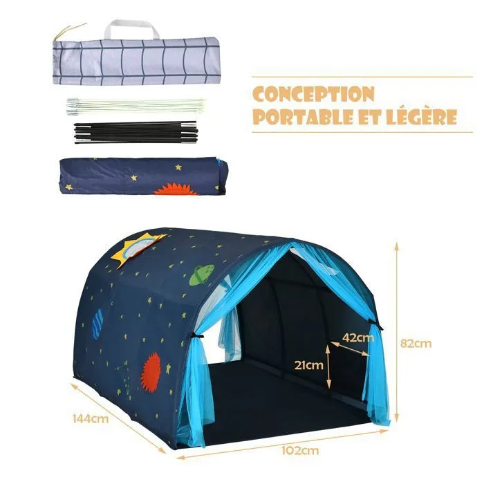 Tente de Jeu Enfants COSTWAY-Tente Tunnel Active-Fenêtre-Rideau à Double Filet-Poche de Stockage-Sac de Transport-144x102x82 CM-Bleu-5