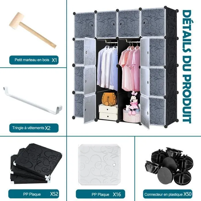 Armoire de Chambre - LZQ - 16 Cubes - Plastique Résistant - Noir - 140 x 140 x 35 cm-1