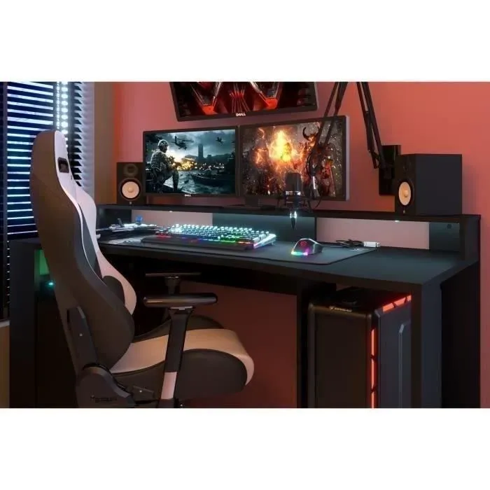 Bureau gaming LED droit - Noir - L 152 x P 61,5 x H 86,7 cm - Grande zone de jeu - GAMING-4