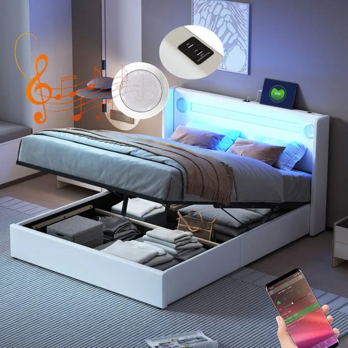 MODERNLUXE Lit coffre rembourré 140x200cm avec LED, lecteur Bluetooth - USB - sommier à lattes - en similicuir - Blanc-0