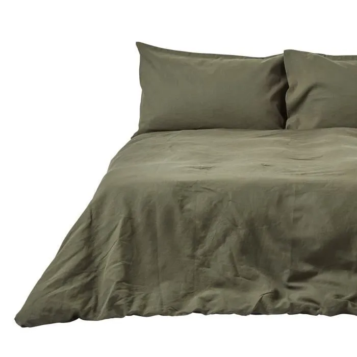 Parure de lit - MARQUE - Vert bouteille - Lin lavé - Coton - 155 x 220 cm-0