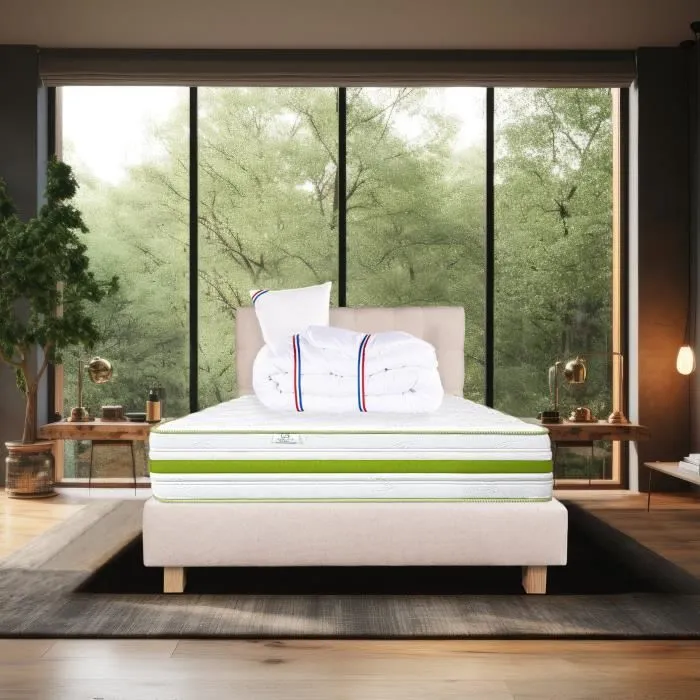 Ensemble Matelas Rêverie 90x190 cm + 2 Oreillers + Couette + Sommier + Tête de Lit Beige-0
