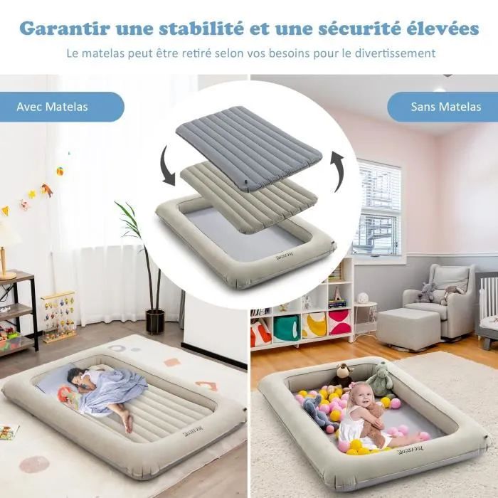 COSTWAY Matelas Gonflable 1 Place Amovible 165x118x20cm Lit de Voyage Enfant Polyvalente en PVC Surface Floqué avec Pompe Electrique-1