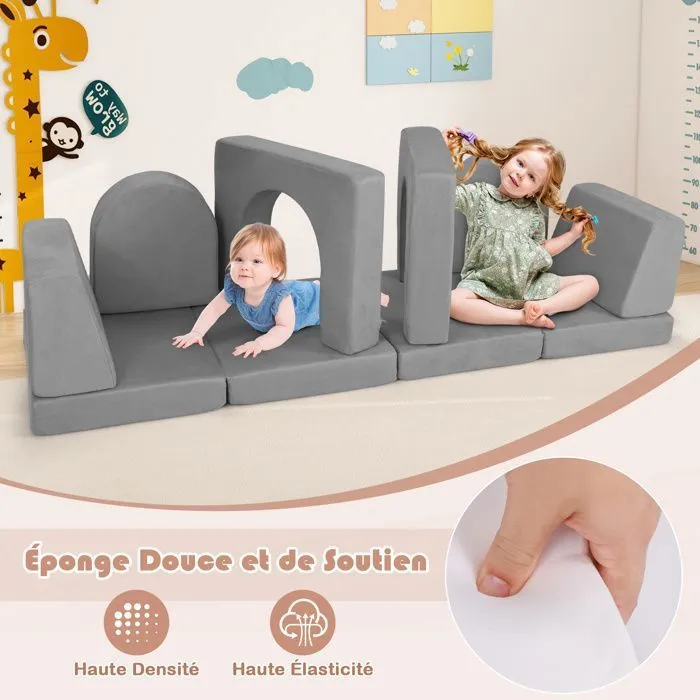COSTWAY Canapé Bebe Modulaire pour Enfants 8 Pièces Convertible en Mousse, pour Grimper et Ramper, Tissu en Daim Confortable Gris-2