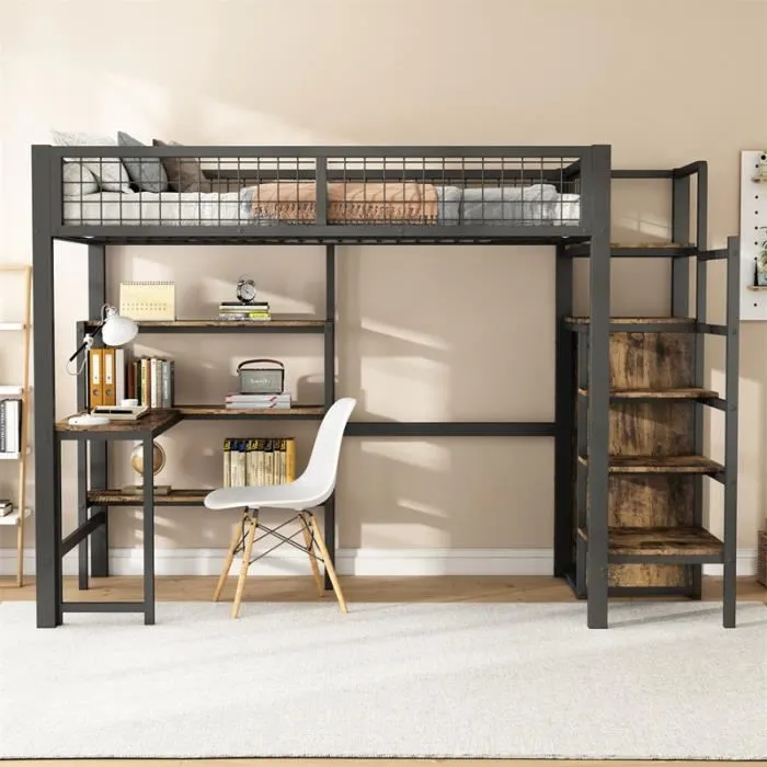 Lit mezzanine - DREAMMESPACE - 90x200cm - Métal noir - Bureau intégré - Étagères et armoire-1