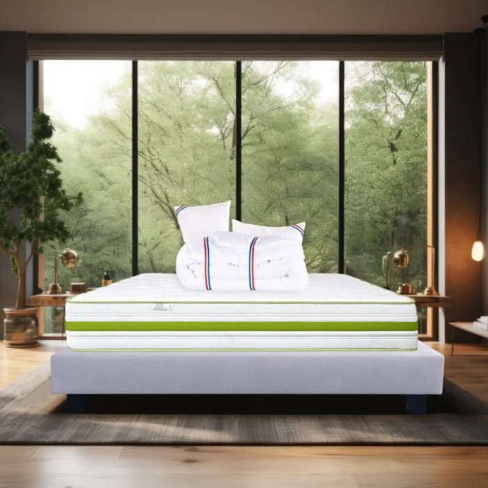 Ensemble Matelas 140x190 cm, Rêverie, 30 cm, mémoire de forme, ferme, face été/hiver + sommier gris ep20cm + 2 oreillers + couette-1