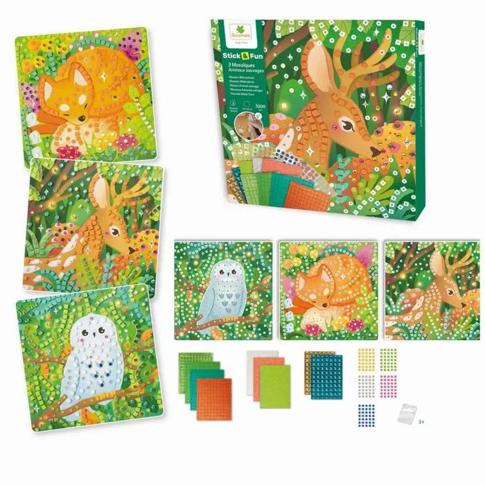 Jeu éducatif - Stick n Fun - 3 Mozaïques - Animaux sauvages - 1000 gommettes brillantes - 22x22cm-1