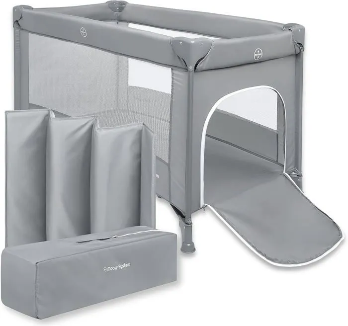 Moby-System Lit Bébé 2 en 1 Parc Bébé & Lit Parapluie Pliable| Charge Max 15 KG| Lit de Voyage avec Système Sécurité| Sac Transport-0