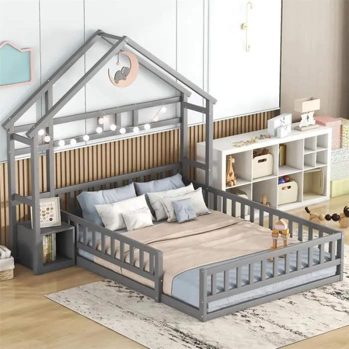 Lit cabane - DREAMMESPACE - 140x200 cm - Bois massif - Gris - Avec chevets-0