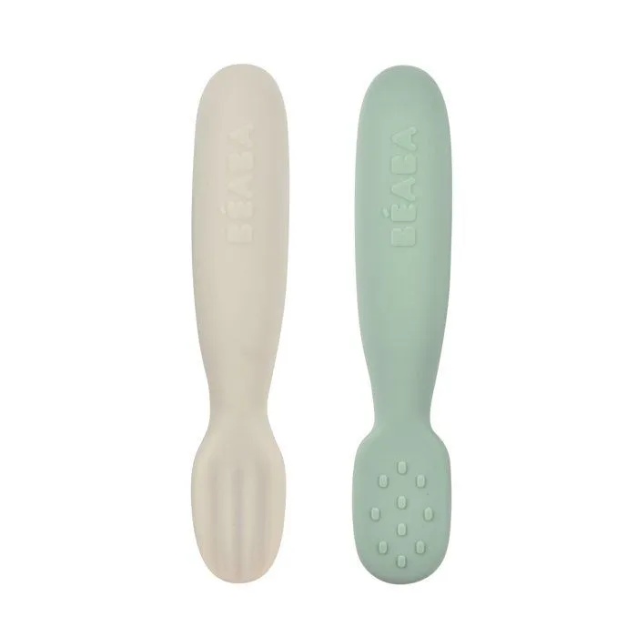 Lot 2 pré-cuillères d'apprentissage silicone Vert sauge/Gris velours-0