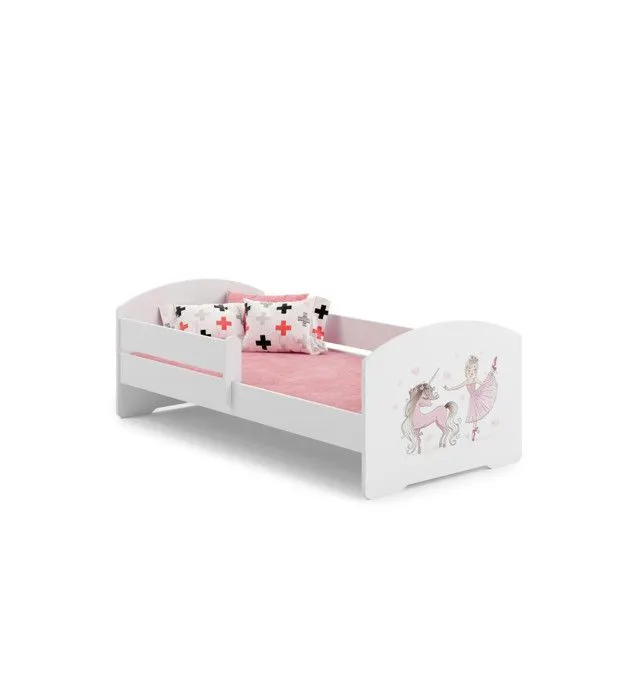Lit enfant fille LOU avec balustrade et matelas inclus - Princesse et licorne roses - 160 cm x 80 cm-0
