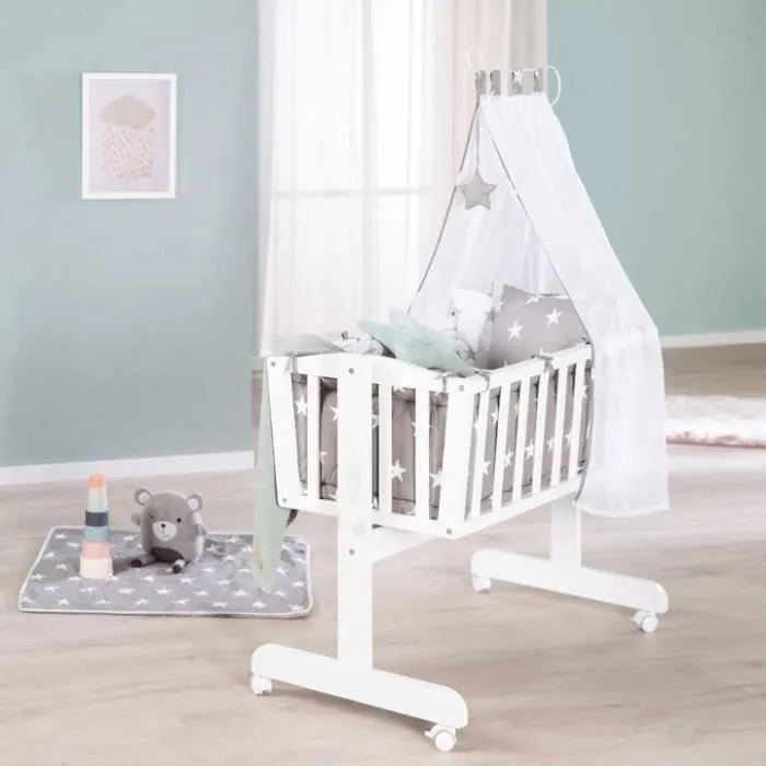 ROBA Berceau Bébé Complet Little Stars à 4 Roues - 40 x 90 cm - avec Equipement Textile - Blanc / Gris-1
