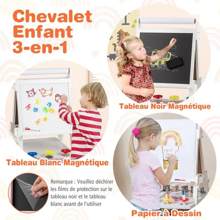 COSTWAY Chevalet d'Art 3 en 1 -Tableau Noir & Blanc Magnétique,Rouleau de Papier & 2 Bacs en Tissu pour Enfants 3-6 Ans Blanc-2