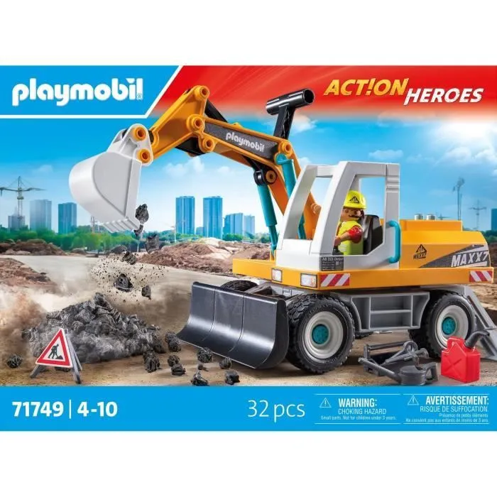 PLAYMOBIL 71749 Pelleteuse mécanique et ouvrier, Action Heroes, La construction, 31 pièces, Dès 4 ans-5