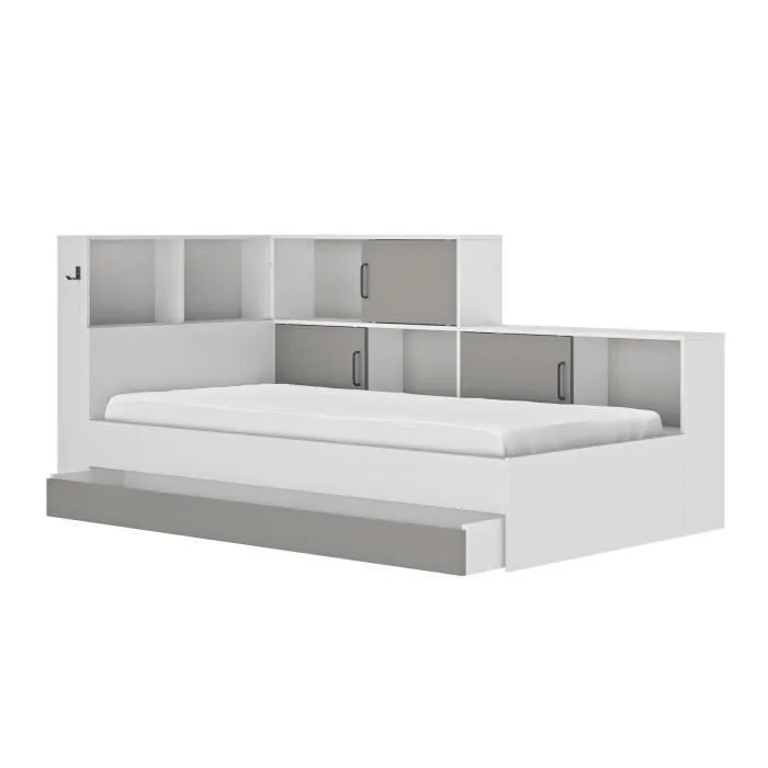 GAMI Erwan Lit enfant avec rangements - Décor blanc et gris- 90 x 200 cm-1