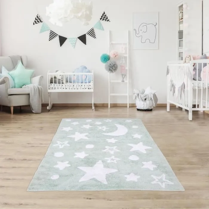Tapis enfant - 80x140 cm - GOOD NIGHT 100% BIO Vert - Coton- Lavable 30° - UN AMOUR DE TAPIS-0