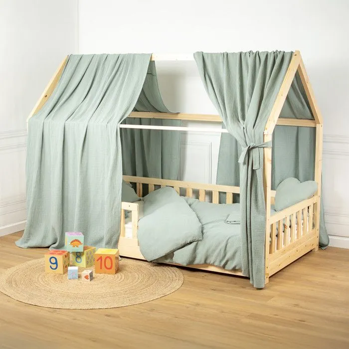 Ciel de Lit Cabane en gaze de coton SOLO Vert de gris 130x360 cm-1