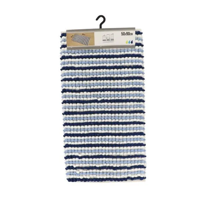 TENDANCE - Tapis de salle de bain Tricolore Blanc et Nuance de Bleu en Polycoton Boules 50 x 90 cm Blanc / Bleu-0