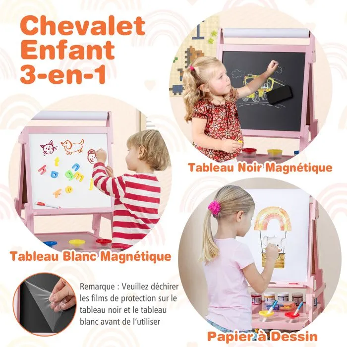 COSTWAY Chevalet d'Art 3 en 1 -Tableau Noir & Blanc Magnétique,Rouleau de Papier & 2 Bacs en Tissu pour Enfants 3-6 Ans Rose-2