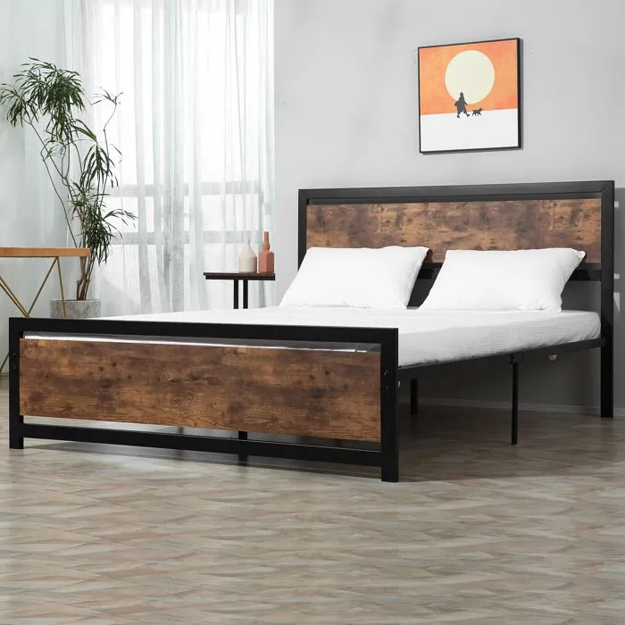 HOMCOM - Cadre du lit double - Acier - 167x208x103cm - Brun avec veinage, Noir-2
