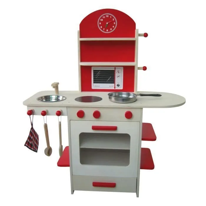 Cuisine Enfant en Bois ROBA - Naturel/Rouge - Jeu de rôle avec Four, Plaques de Cuisson, Évier et Robinet-2