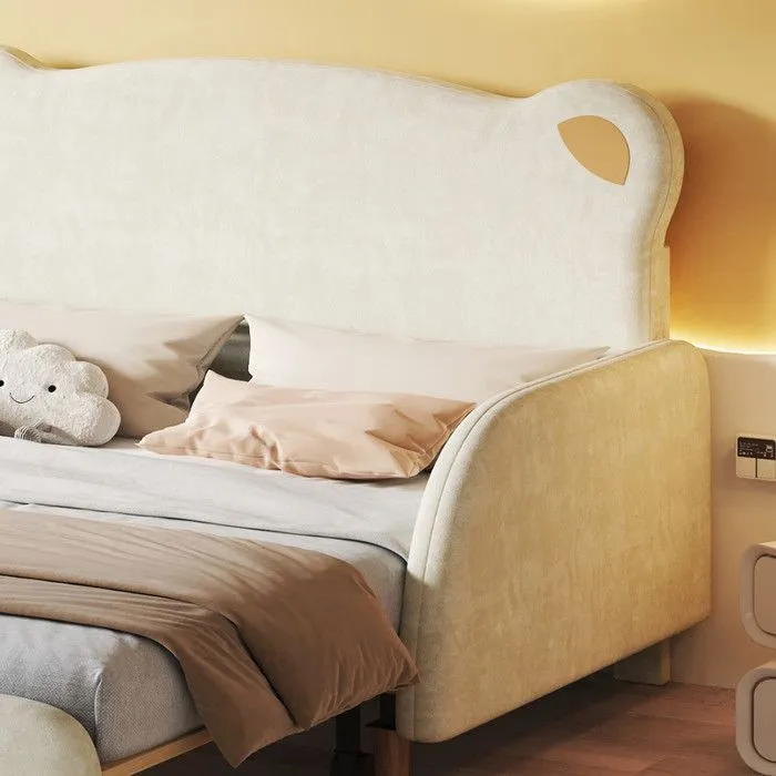 Lit enfant rembourré 140x200cm en velours - lit gigogne avec tête de lit en forme d'ours et sommier à lattes - Beige-1